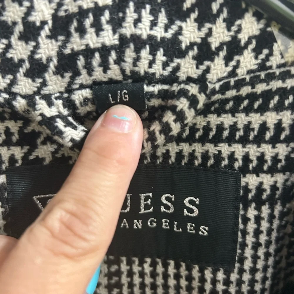 Guess Los Angeles‎ Womens Black Asymmetrical Zip Houndstooth Collar Coat Large